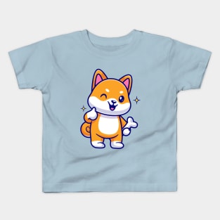 Cute Shiba Inu Holding Bone With Thumb Up Cartoon Kids T-Shirt